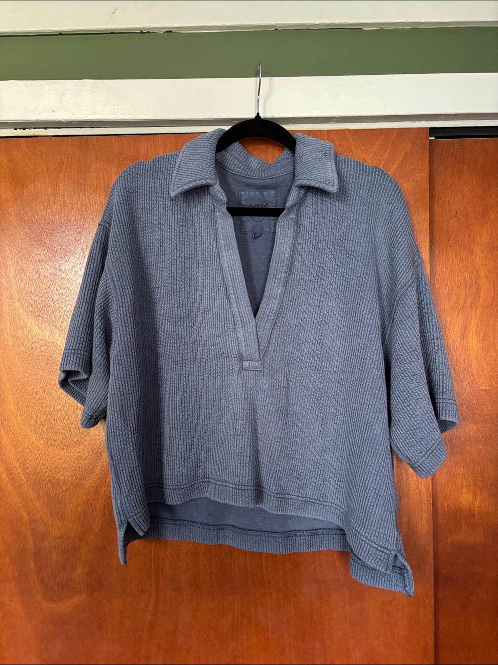 aerie Slate Blue Ribbed Knit Cropped Polo Sweater Top